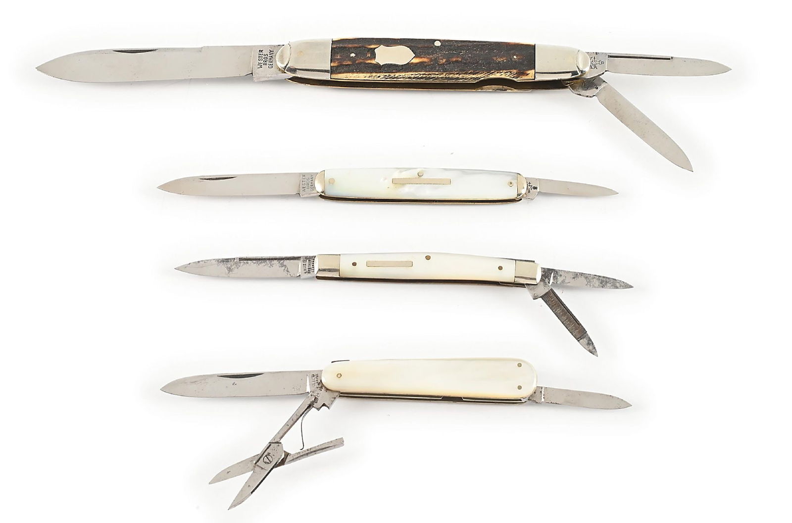 LOT OF 4 GERMAN WESTER BROS., KRUSIUS, AND GLICO. WHITTLERS MULTI-BLADE KNIVES. (1 of 16)