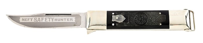 RARE NEFT SAFETY HUNTING KNIFE WITH NO. 1 BLADE AND FULL BLADE ETCH.