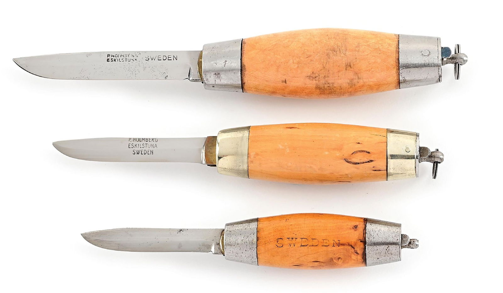 LOT OF 3: C. 1930-40S SWEDISH BARREL SLOYD KNIVES WITH IRON AND NICKEL SILVER MOUNTS. (1 of 11)