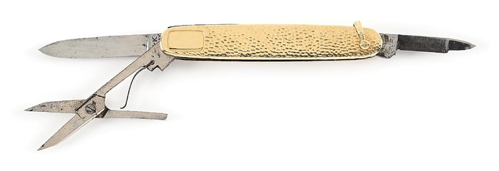 14K YELLOW GOLD L&K GERMANY THREE BLADE POCKET KNIFE WITH SCISSORS.