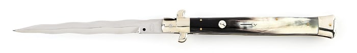 C.1950S M. ITALY INOX KRIS BLADE ITALIAN STILETTO PICK LOCK SWITCHBLADE WITH BRAZILIAN COW HORN