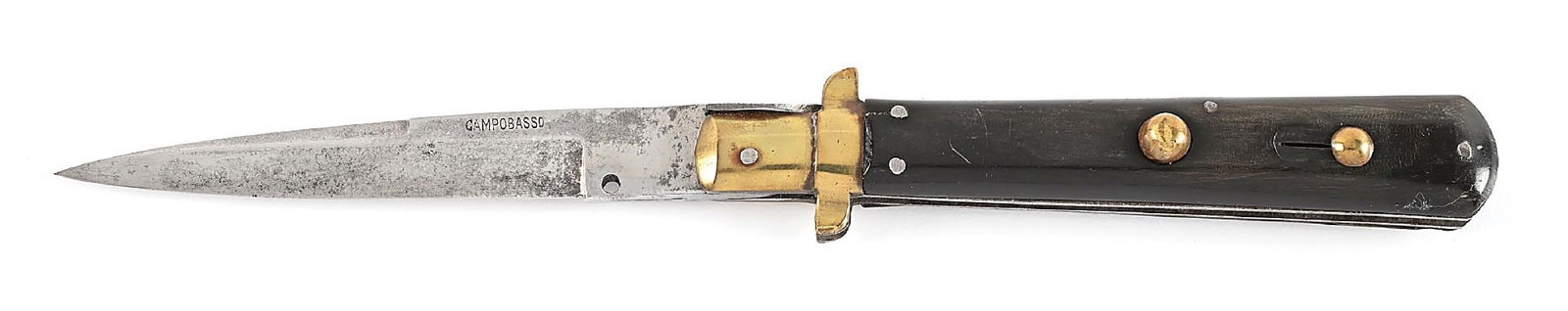 RARE C.1920S-30S CAMPOBASSO ITALY SWEDGE GROUND BLADE ITALIAN STILETTO FLAT GUARD PICK LOCK: Appears lightly used with a full blade that has light age spots and stains. The swedge ground blade is stamped “CAMPOBASSO” on the blade flat. Cow horn handles. Brass flat guard top bolste