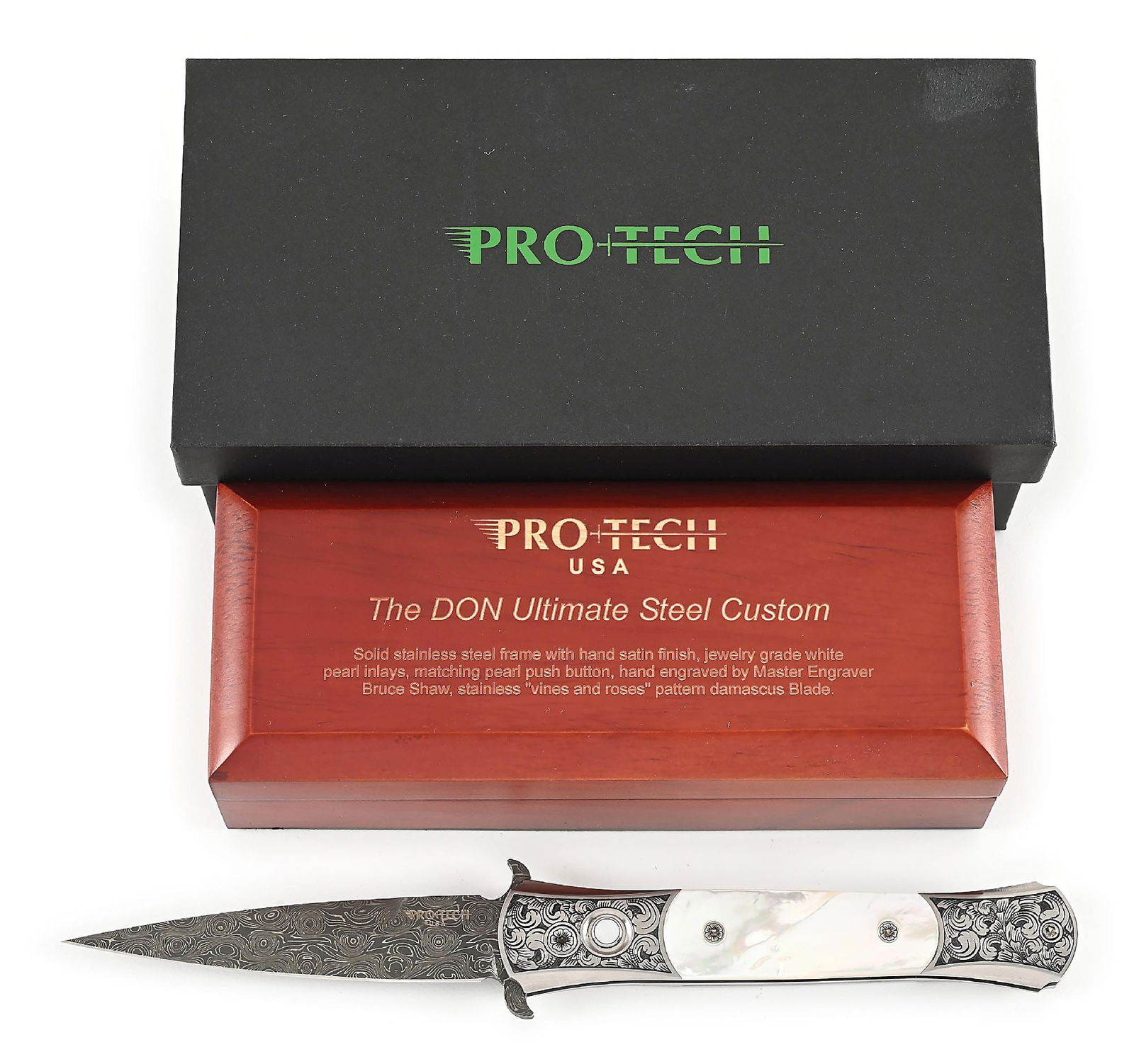 PRO TECH CUSTOM SHOP THE DON ULTIMATE STEEL CUSTOM MOTHER OF PEARL ENGRAVED AND DAMASCUS BLADE: Appears unused and unsharpened. Mother of Pearl handles. Engraved by Bruce Shaw stainless steel bolsters vines and roses pattern. Damascus blade. Works fine. Locks open firmly. Blade obverse is marked