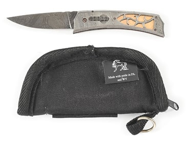 RARE CUSTOM MADE AL DIPPOLD DAMASCUS SWITCHBLADE LINER LOCK WITH 18K GOLD INLAY PANELS.