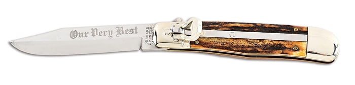 VERY RARE HIBBARD SPENCER BARTLETT OUR VERY BEST ETCHED LEVER LOCK STAG HANDLE SWITCHBLADE.