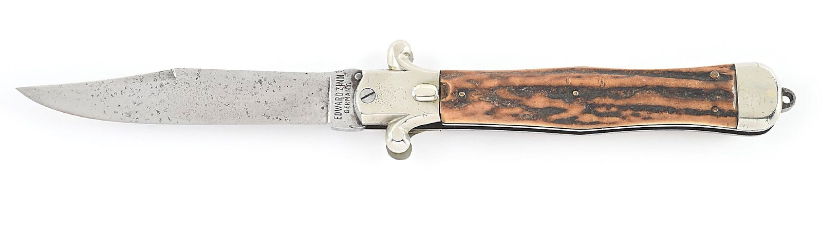 C. LATE 1800S-EARLY 1900S EDWARD ZINN GERMANY 5008 GEORGE KORN PATENT STAG HANDLE SWITCHBLADE.: Appears lightly used and sharpened with a full blade. Blade tang is stamped on obverse “EDWARD ZINN GERMANY” and “5008” on reverse. Works fine. Iron liners and nickel silver bo
