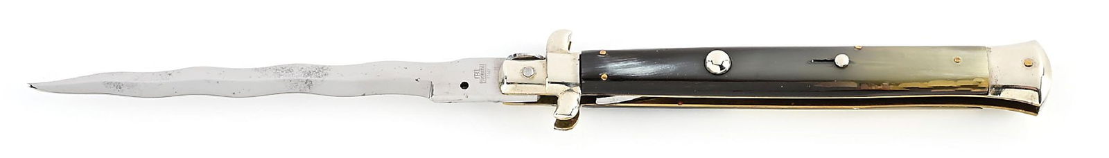 RARE C.1950S B. SVOBODA ITALY KRIS BLADE ITALIAN STILETTO PICK LOCK SWITCHBLADE WITH BRAZILIAN COW: Appears unused and unsharpened. The blade is tang stamped “B. SVOBODA (in an inverted “T”) ITALY” on the obverse. Kris Blade. Brazilian cow horn handles. Nickel silver bolsters