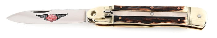 HUBERTUS SOLINGEN GERMANY LARGE STAG HANDLE HARLEY-DAVIDSON LEVER LOCK SWITCHBLADE.