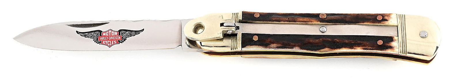 HUBERTUS SOLINGEN GERMANY LARGE STAG HANDLE HARLEY-DAVIDSON LEVER LOCK SWITCHBLADE. (1 of 8)