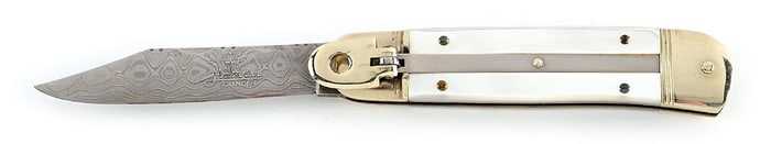 HUBERTUS SOLINGEN GERMANY LILI PUT SPRINGER MOTHER OF PEARL AND DAMASCUS LEVER LOCK SWITCHBLADE.