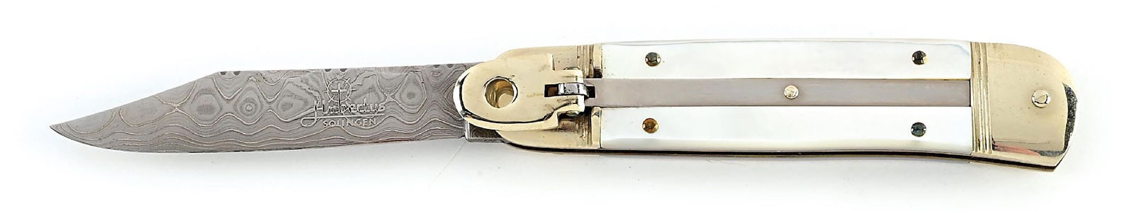 HUBERTUS SOLINGEN GERMANY LILI PUT SPRINGER MOTHER OF PEARL AND DAMASCUS LEVER LOCK SWITCHBLADE. (1 of 7)