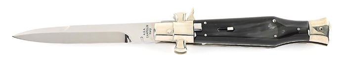A.G.A. CAMPOLIN ITALY “BLACK WIDOW” FULCRUM LOCK SWITCHBLADE WITH BRAZILIAN COW HORN