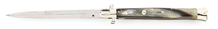 C.1950S UNMARKED BAYONET BLADE ITALIAN STILETTO PICK LOCK SWITCHBLADE WITH BRAZILIAN COW HORN