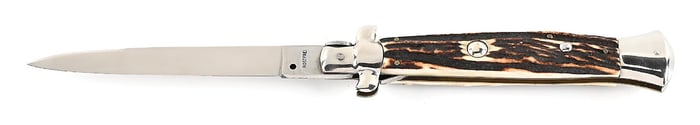 C. 1970S-80S ROSTFREI ITALIAN STILETTO SWIVEL BOLSTER SWITCHBLADE WITH STAG HANDLES.