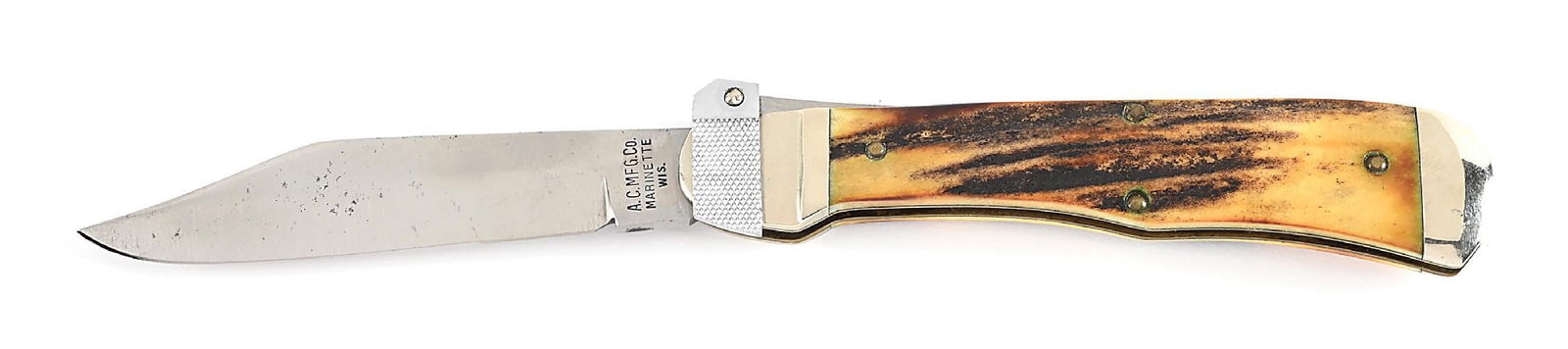 A.C. MFG. CO. MARIENTTE, WIS (AERIAL CUTLERY CO.) STAG HANDLE LEVER LOCK SWITCHBLADE. (1 of 8)