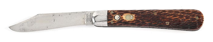 SCHRADE CUT CO. WALDEN, NY. PEACH SEED JIGGED BONE HANDLE SWITCHBLADE.