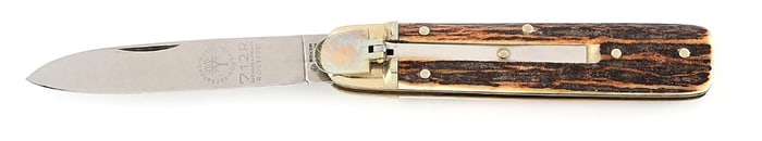 C. 1980S ETCHED BOKER ARBOLITO TREE BRAND 712R STAG HANDLE LEVER LOCK SWITCHBLADE.