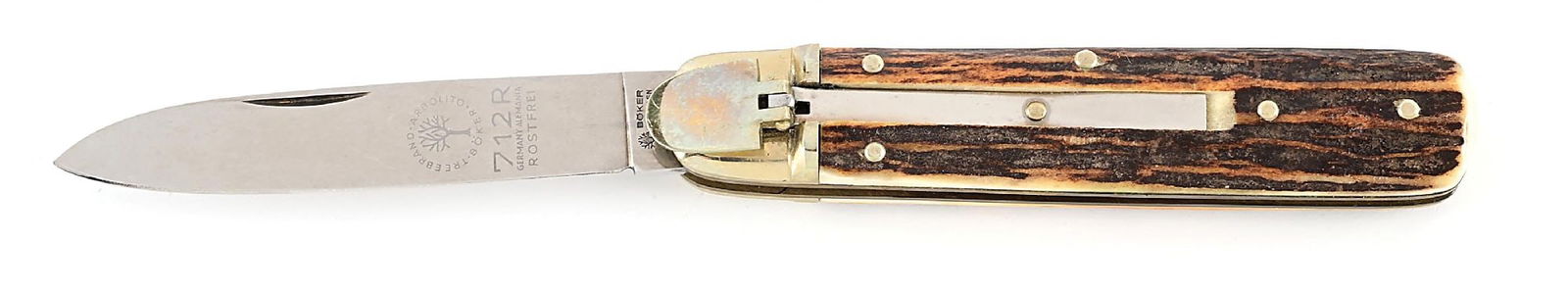 C. 1980S ETCHED BOKER ARBOLITO TREE BRAND 712R STAG HANDLE LEVER LOCK SWITCHBLADE. (1 of 8)