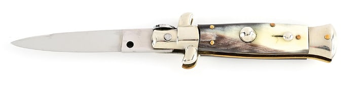 C.1960S ROSTFREI TRANSITION BLADE ITALIAN STILETTO SWIVEL BOLSTER SWITCHBLADE WITH BRAZILIAN COW