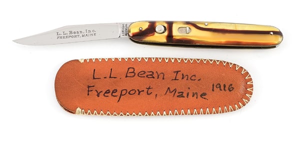 C. PRE-1920S L.L. BEAN FREEPORT, ME BUTTER & MOLASSES SINGLE BLADE SWITCHBLADE WITH FULL BLADE ETCH