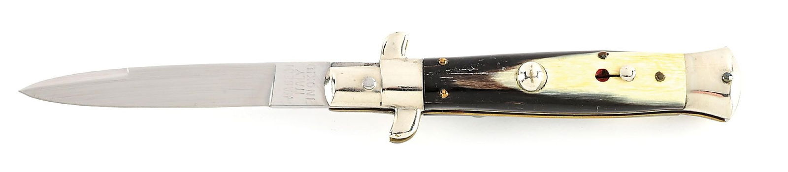C. 1960S MADE IN ITALY INOXID BO/BC ITALIAN STILETTO SWITCHBLADE WITH BRAZILIAN COW HORN HANDLES.: Appears unused and unsharpened. The blade tang is stamped “MADE IN ITALY INOXID” on the obverse. Brazilian cow horn grip scales. Transition blade. Nickel silver bolsters and brass liners.