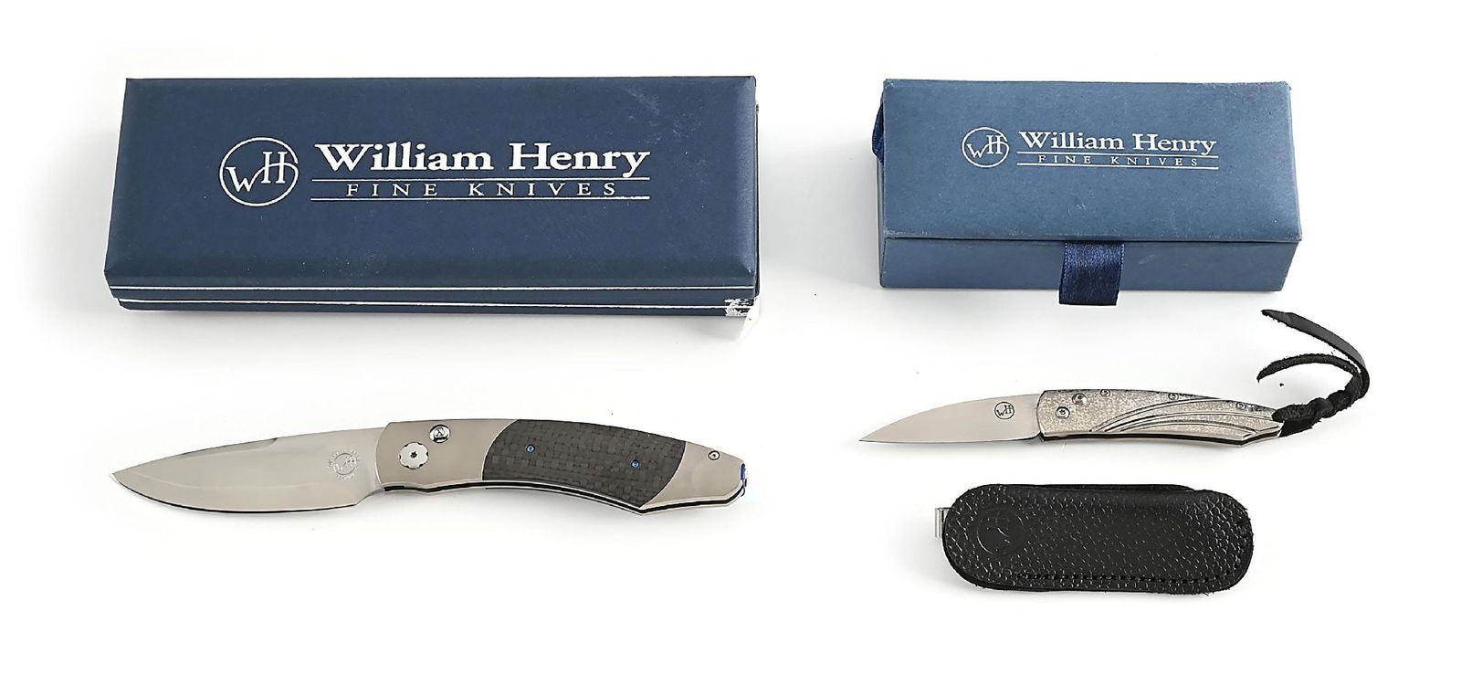 LOT OF 2: WILLIAM HENRY B12 A325 CF AUTO AND B3 FINALE SWITCHBLADES.: Lot consists of: (A) William Henry B12 A325 CF AUTO switchblade that features a ZDP-189 laminate steel HRC 67 blade with a white topaz button. The blade exhibits the WH monogram. Aerospace grade titan