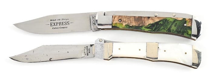 LOT OF 2: SCHATT & MORGAN EXPRESS AND MOTHER OF PEARL UNION KNIFE WORKS NYC SWITCHBLADES.