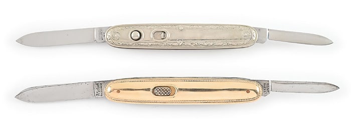 LOT OF 2: FLYLOCK DOUBLE BLADE SWITCHBLADE AND SCHRADE NICKEL SILVER DOUBLE BLADE SWITCHBLADE.