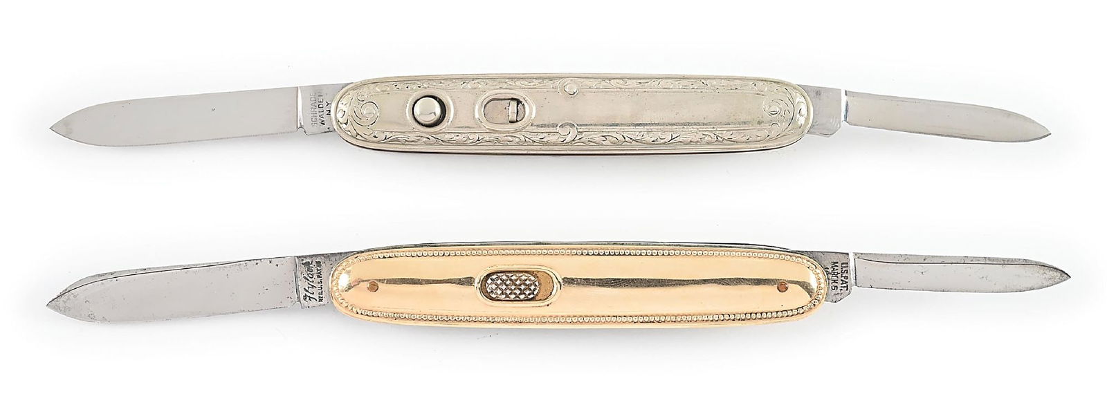 LOT OF 2: FLYLOCK DOUBLE BLADE SWITCHBLADE AND SCHRADE NICKEL SILVER DOUBLE BLADE SWITCHBLADE. (1 of 11)