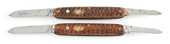 LOT OF 2: SCHRADE CUT CO. TWO BLADED PICK BONE HANDLE SWITCHBLADES.