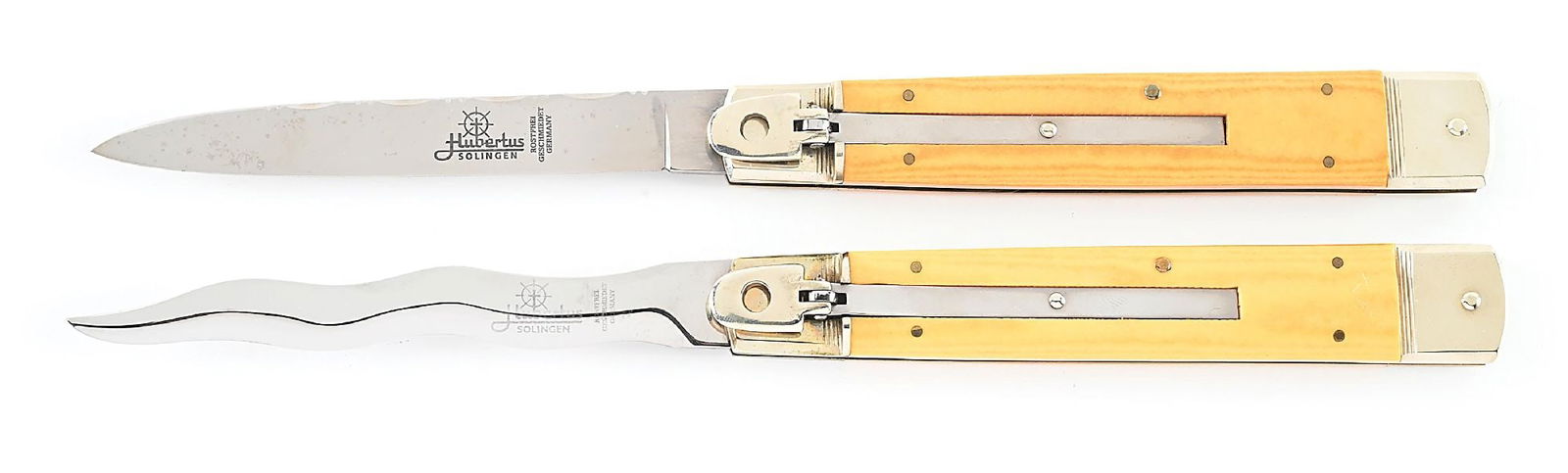 LOT OF 2: C.1970S-90S HUBERTUS SOLINGEN GERMANY ROSTFREI GOLD MICARTA LARGE SLIMLINE SWITCHBLADES. (1 of 9)