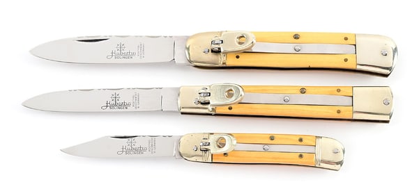 LOT OF 3: C.1970S-90S HUBERTUS SOLINGEN W. GERMANY AND GERMANY ROSTFREI GOLD MICARTA HANDLE