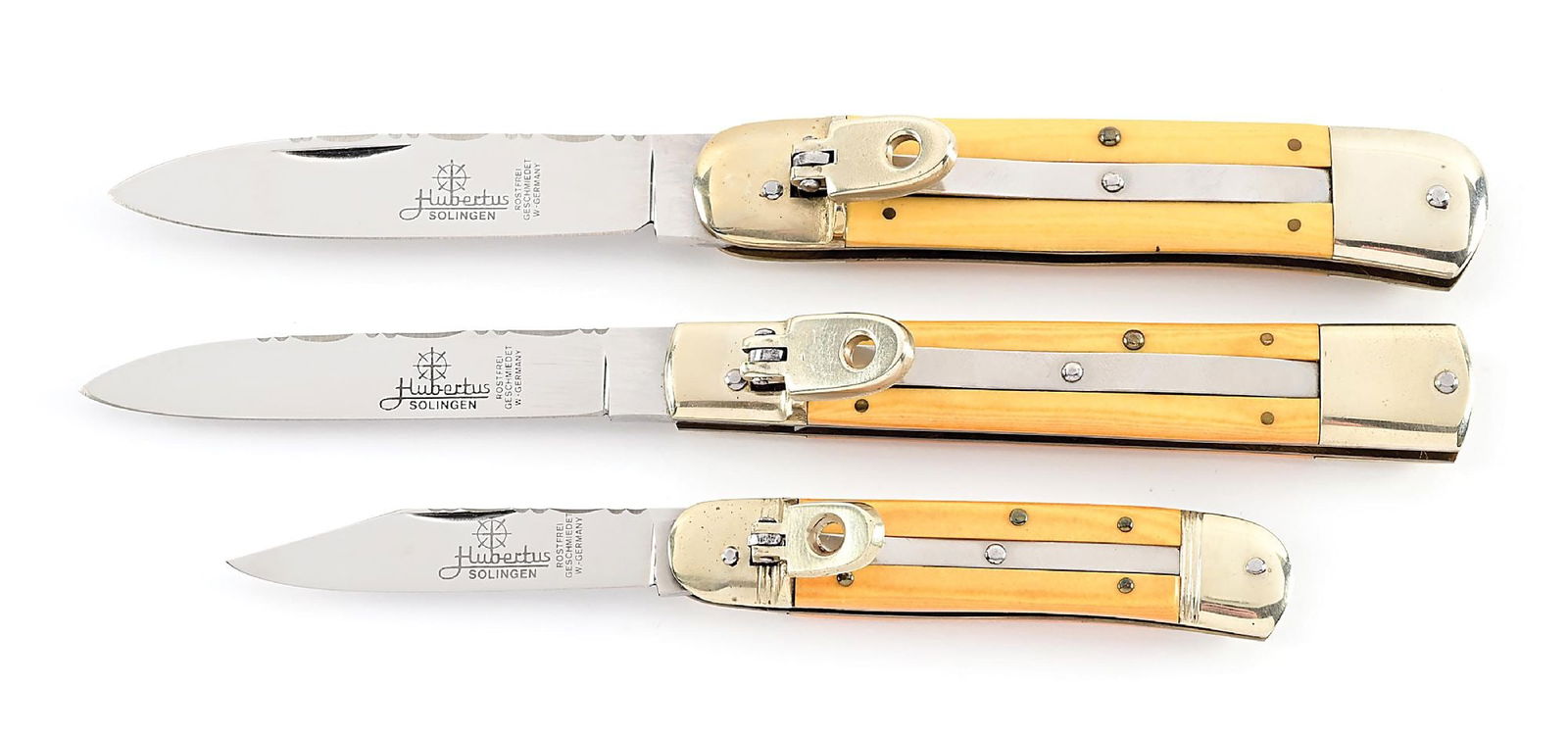 LOT OF 3: C.1970S-90S HUBERTUS SOLINGEN W. GERMANY AND GERMANY ROSTFREI GOLD MICARTA HANDLE (1 of 9)