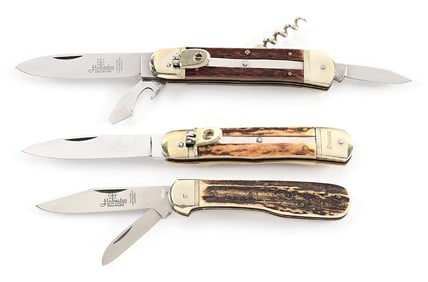 LOT OF 3: C.1960S-90S HUBERTUS LEVER LOCK SWITCHBLADES AND TWO BLADE PEN BLADE RELEASE SWITCHBLADE.