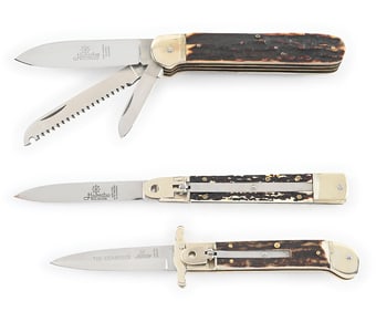 LOT OF 3: C.1960S-90S HUBERTUS STAG LEVER LOCK SWITCHBLADES WITH THREE BLADE PEN BLADE RELEASE.