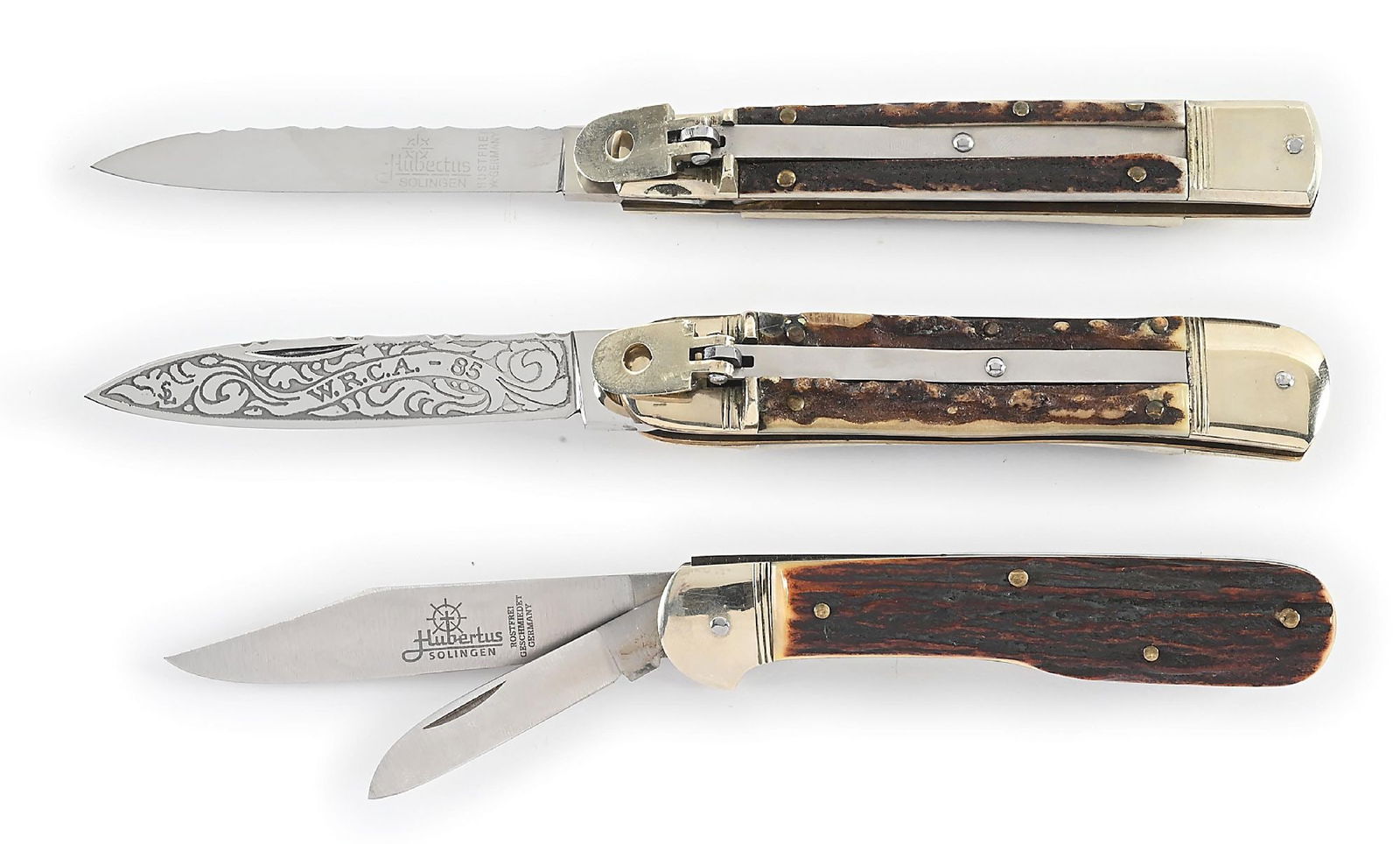 LOT OF 3: C.1960S-90S HUBERTUS SWITCHBLADES INCLUDING WRCA AND PEN BLADE RELEASE. (1 of 10)
