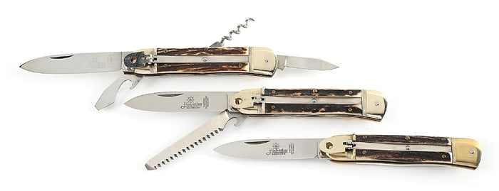 LOT OF 3: C.1970S-90S HUBERTUS STAG HANDLE LEVER LOCK SWITCHBLADES.