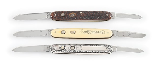 LOT OF 3: SCHRADE CUT CO. STERLING, BONE HANDLE, AND OFFICE KNIFE DOUBLE BLADE SWITCHBLADES.