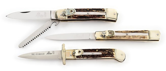 LOT OF 3: C.1970S-90S HUBERTUS SOLINGEN W. GERMANY & GERMANY ROSTFREI STAG LEVER LOCK SWITCHBLADES.