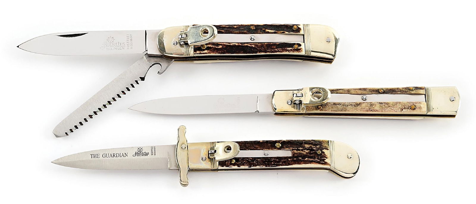 LOT OF 3: C.1970S-90S HUBERTUS SOLINGEN W. GERMANY & GERMANY ROSTFREI STAG LEVER LOCK SWITCHBLADES. (1 of 11)
