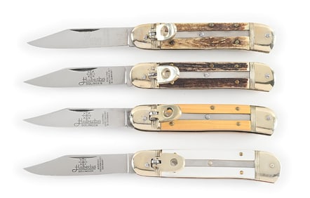 LOT OF 4: C.1970S-90S HUBERTUS STAG, MOTHER OF PEARL, AND GOLD MICARTA LEVER LOCK LILPUT SPRINGER