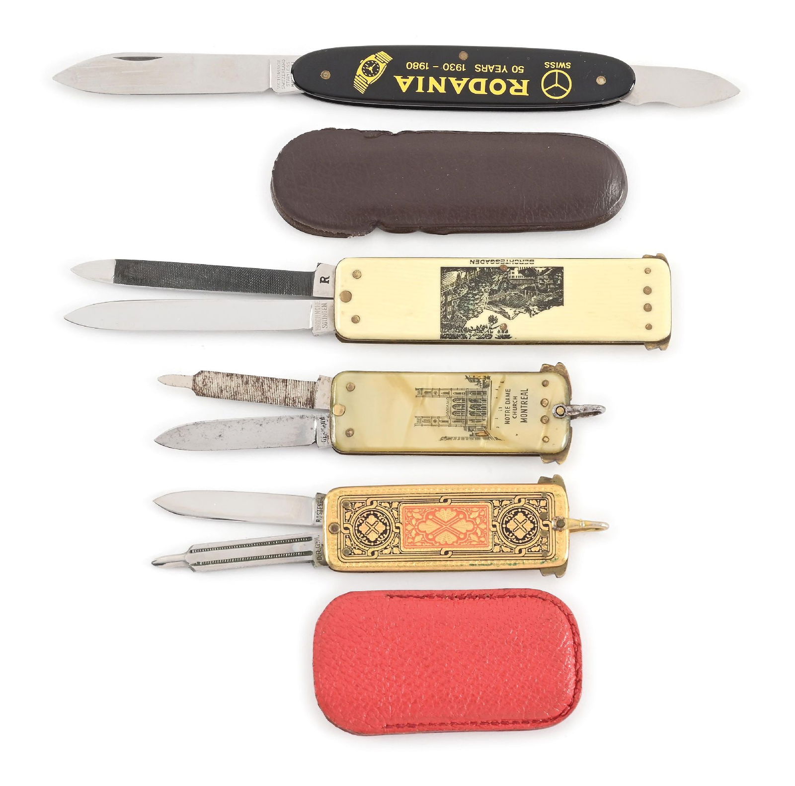 LOT OF 4: VICTORINOX AND GERMANY POCKET KNIVES AND TAB LOCK SWITCHBLADES. (1 of 15)