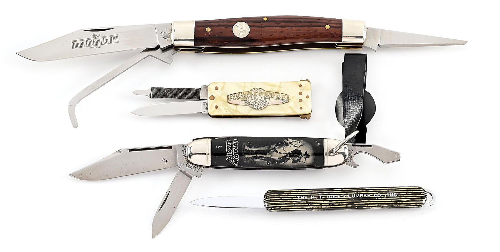 LOT OF 4: QUEEN CUTLERY, BROCH NCHF SWITCHBLADE, HAMMER BRAND HOP-A-LONG CASSIDY, AND DODSON CHICAGO: Lot consists of: (A) Appears unused and unsharpened. Stockman. Big sideways “Q” and “Titusville, PA PH-02” stamped on obverse tang and fully etched “QUEEN CUTLERY CO. #49