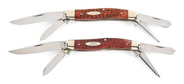 LOT OF 2: CASE XX 64047P AND 64047P EIGHT DOT FOUR BLADE STOCKMANS WITH PUNCH BLADE JIGGED BONE