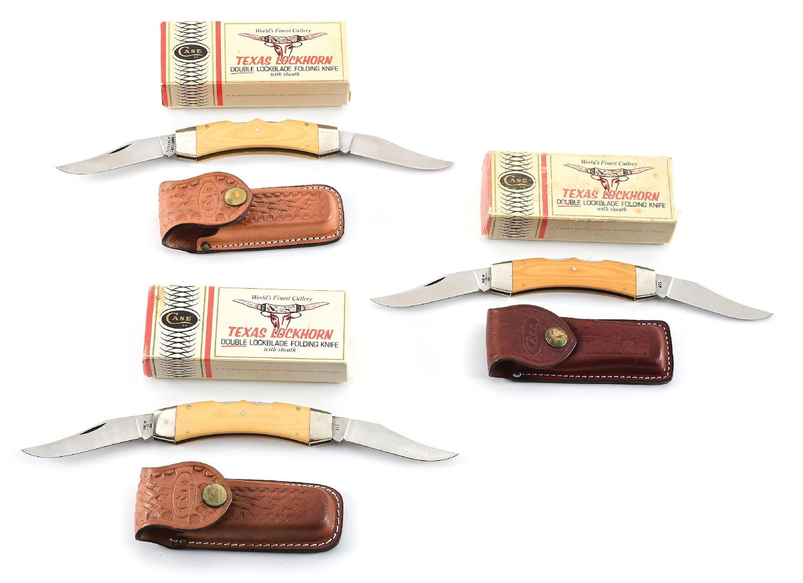 LOT OF 3: C. 1980 CASE XX USA 10 DOT TEXAS LOCKHORN KNIVES GOLD MICARTA IN ORIGINAL BOXES. (1 of 8)