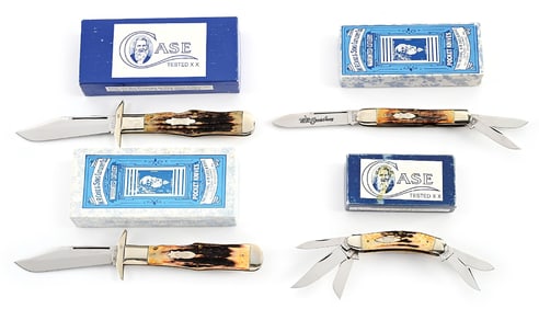 LOT OF 4: CASE CLASSIC STAG HANDLE FOLDING KNIVES IN THE ORIGINAL BOXES.