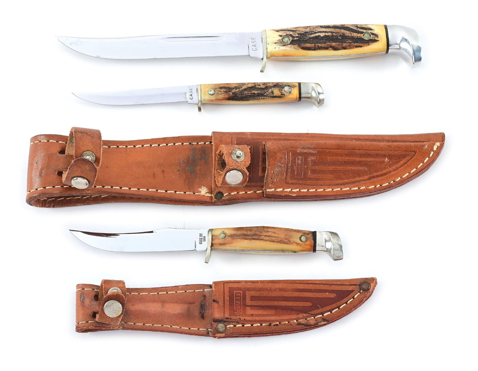 LOT OF 2: CASE STAG HANDLE HUNTING KNIVES.: Lot consists of: (A) Appears unused and unsharpened. C. 1950’s small bowie. “CASE” tang stamped on obverse tang. Stag handles. Nickel silver hilt. Aluminum pommel. Overall length: 6