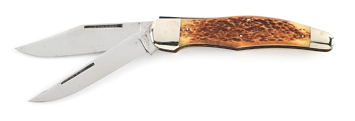 KINFOLKS USA TWO BLADE FOLDING HUNTER WITH RAT TAIL BOLSTERS AND ROGERS BONE HANDLES.