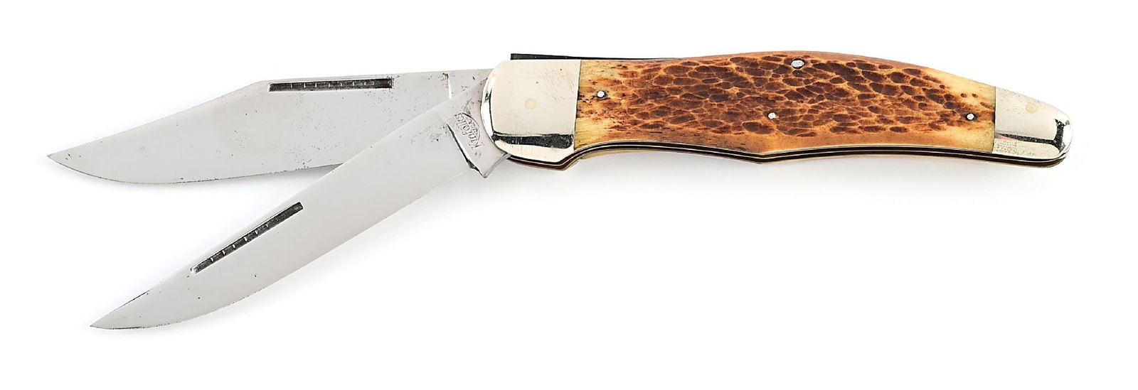 KINFOLKS USA TWO BLADE FOLDING HUNTER WITH RAT TAIL BOLSTERS AND ROGERS BONE HANDLES. (1 of 7)