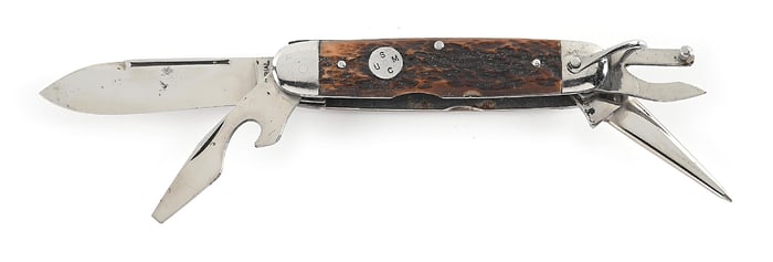 IMPERIAL PROV. RI FOUR BLADE USMC SCOUT UTILITY KNIFE WITH BONE HANDLES.